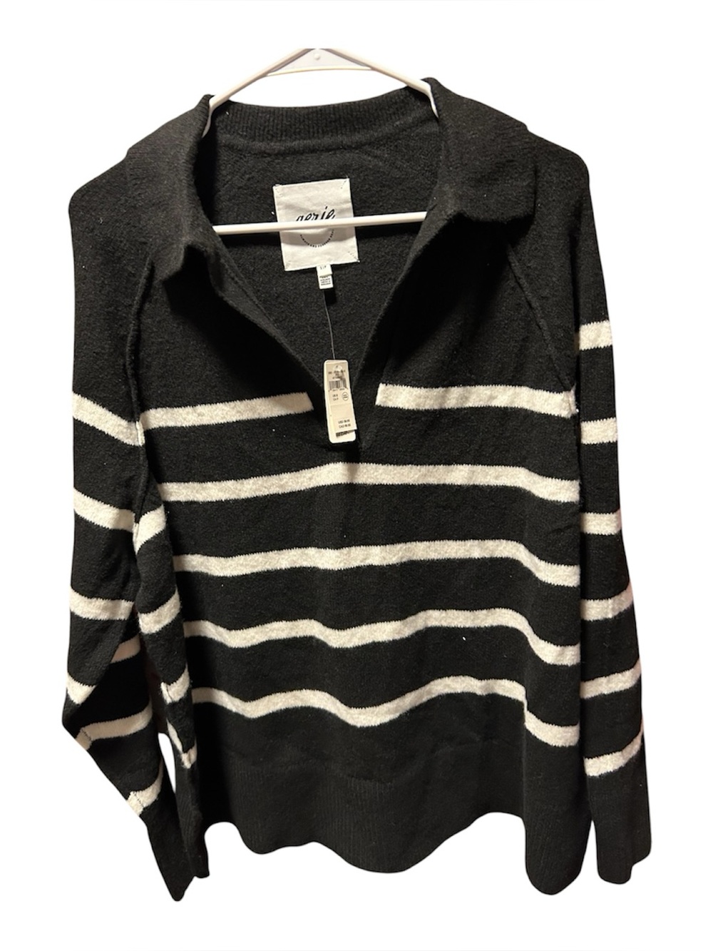 NWT Aerie Real Good Striped Polo Sweater Black White V-Neck S